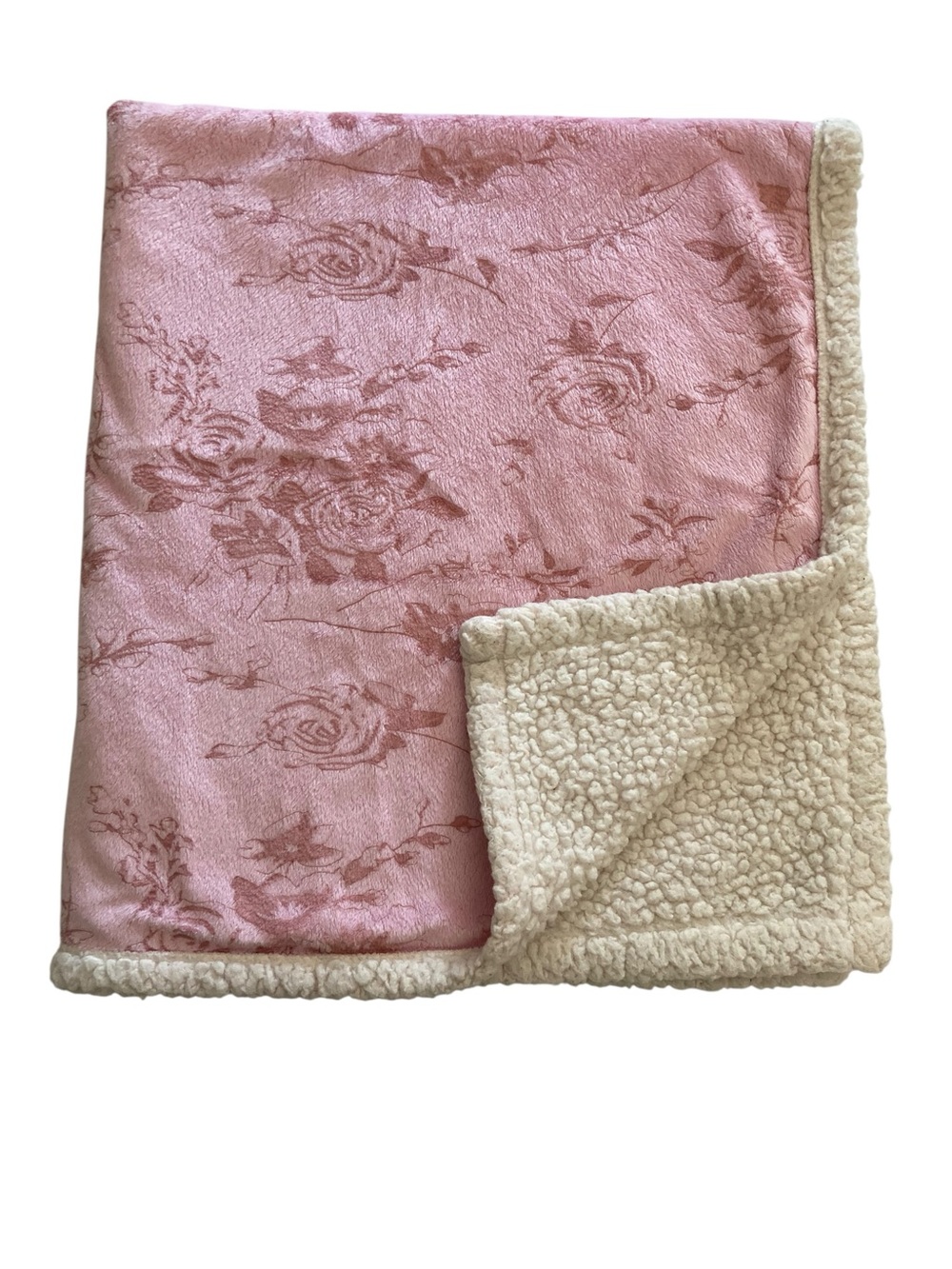 Laura Ashley Baby Blanket Pink Mauve Flowers Roses White Sherpa Back 31 x 35